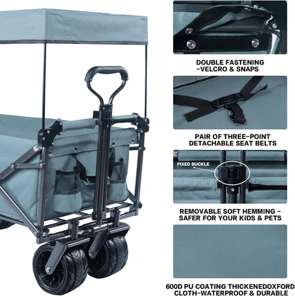 Collapsible Wagon 140L Wagons Carts Foldable With Removable Canopy, Folding Wagon Cart With Wheels For All-Terrain With Brake, Foldable Wagon With Cooler Bag, For Camping Beach Shopping