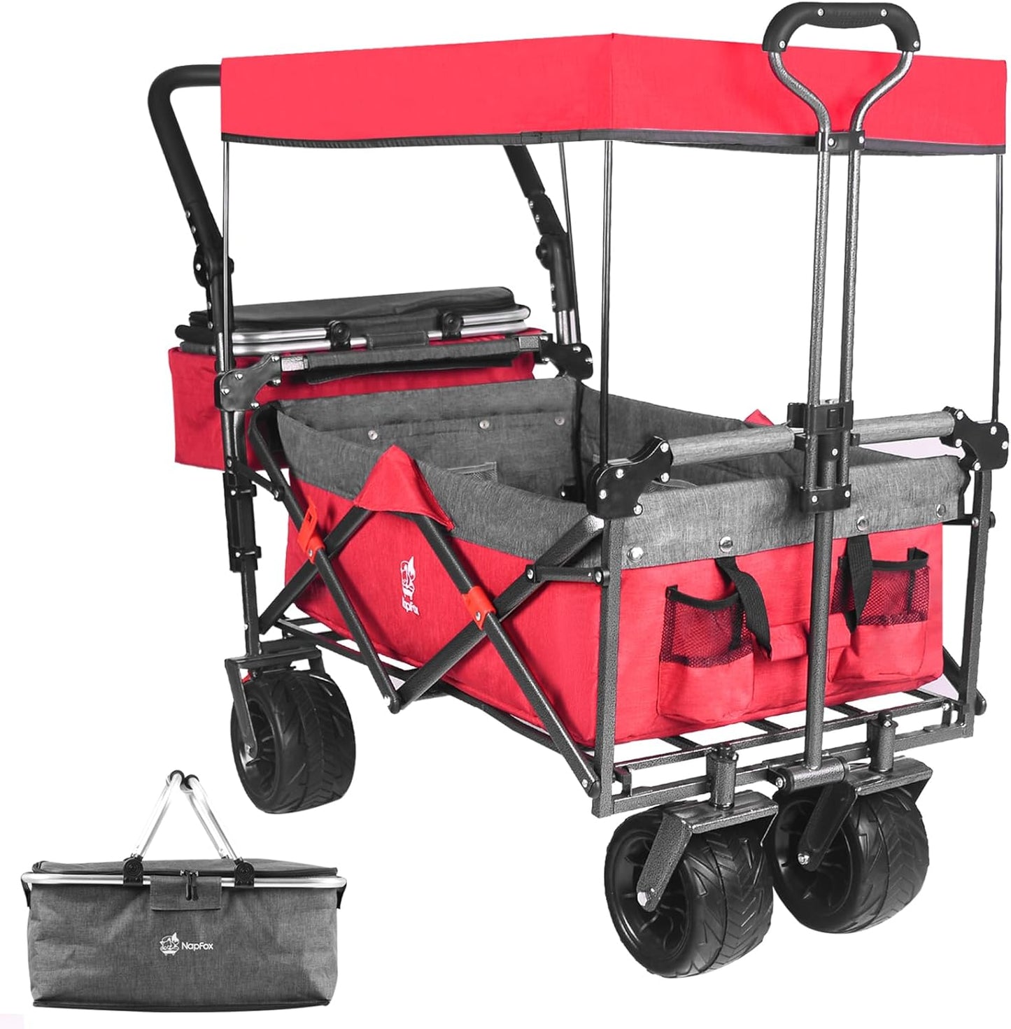 Collapsible Wagon 140L Wagons Carts Foldable With Removable Canopy, Folding Wagon Cart With Wheels For All-Terrain With Brake, Foldable Wagon With Cooler Bag, For Camping Beach Shopping