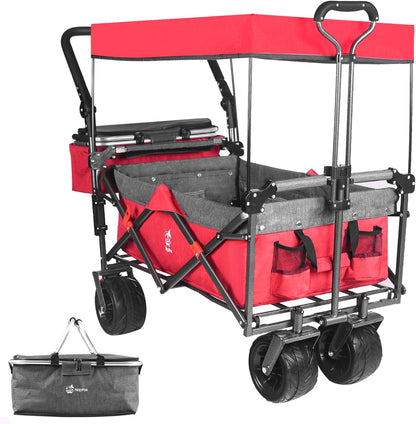 Collapsible Wagon 140L Wagons Carts Foldable With Removable Canopy, Folding Wagon Cart With Wheels For All-Terrain With Brake, Foldable Wagon With Cooler Bag, For Camping Beach Shopping