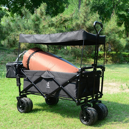 Collapsible Wagon 140L Wagons Carts Foldable With Removable Canopy, Folding Wagon Cart With Wheels For All-Terrain With Brake, Foldable Wagon With Cooler Bag, For Camping Beach Shopping