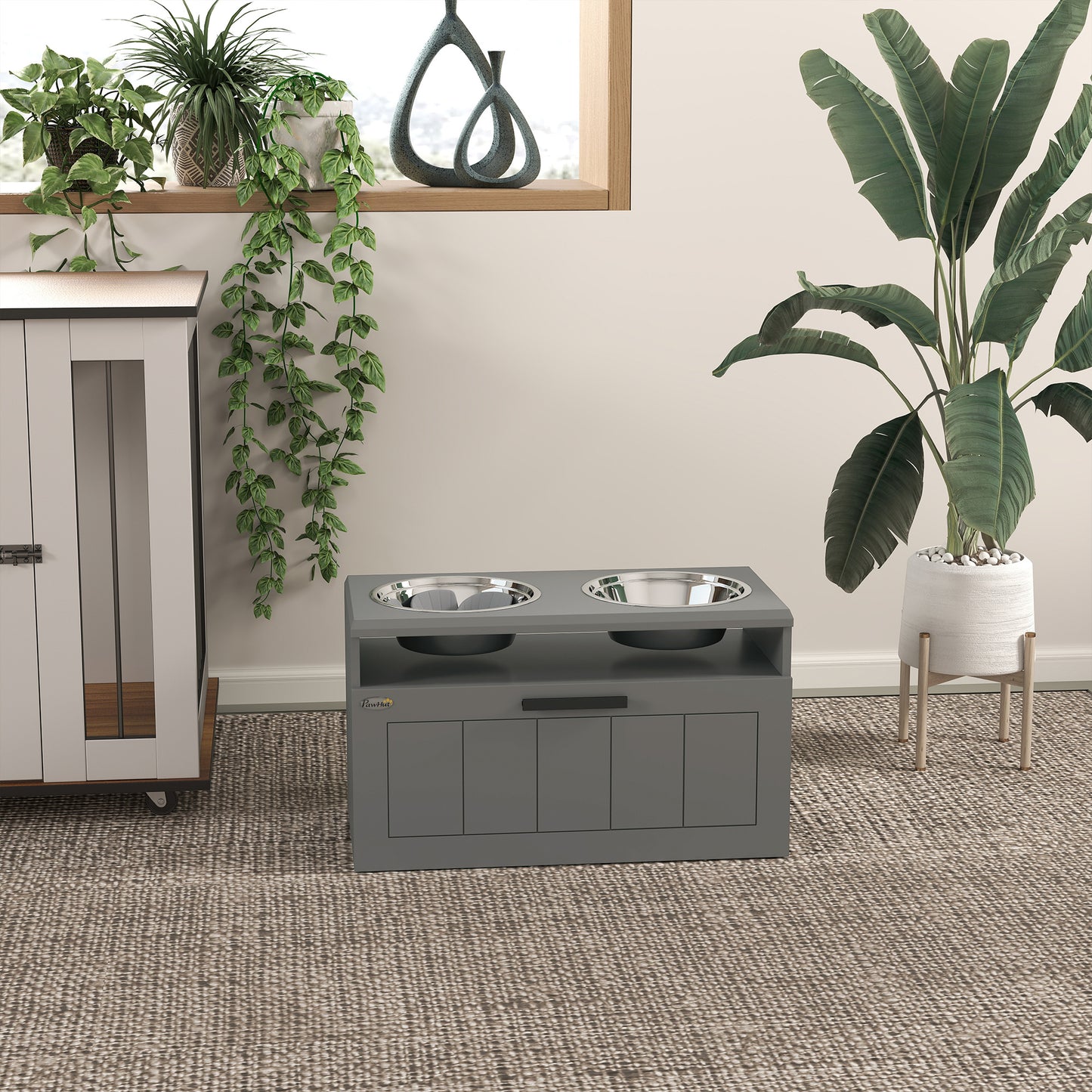 Elevated Dog Bowl, Large Feeding Dog Bowl Stand With 2 Stainless Steel Bowls, Storage Drawer, And Slow Feeder Mat.