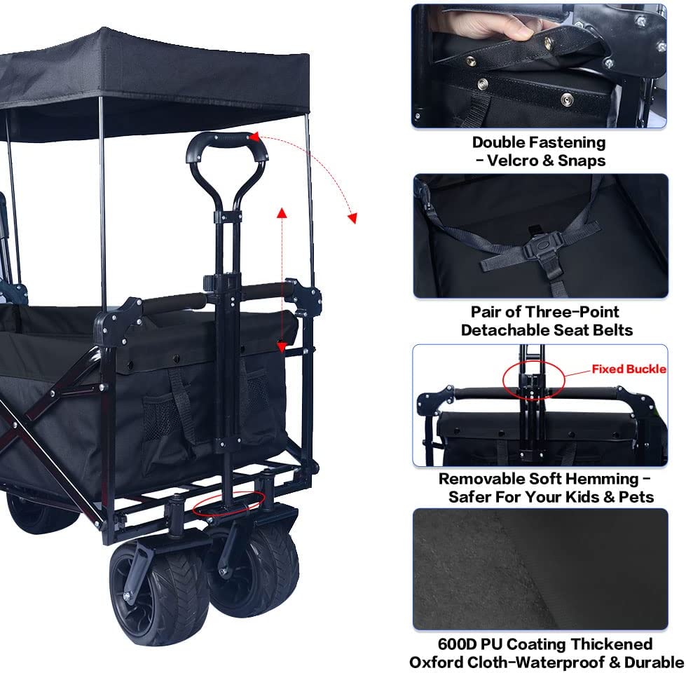 Collapsible Wagon 140L Wagons Carts Foldable With Removable Canopy, Folding Wagon Cart With Wheels For All-Terrain With Brake, Foldable Wagon With Cooler Bag, For Camping Beach Shopping