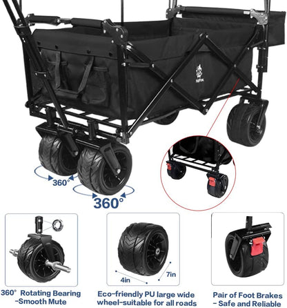 Collapsible Wagon 140L Wagons Carts Foldable With Removable Canopy, Folding Wagon Cart With Wheels For All-Terrain With Brake, Foldable Wagon With Cooler Bag, For Camping Beach Shopping