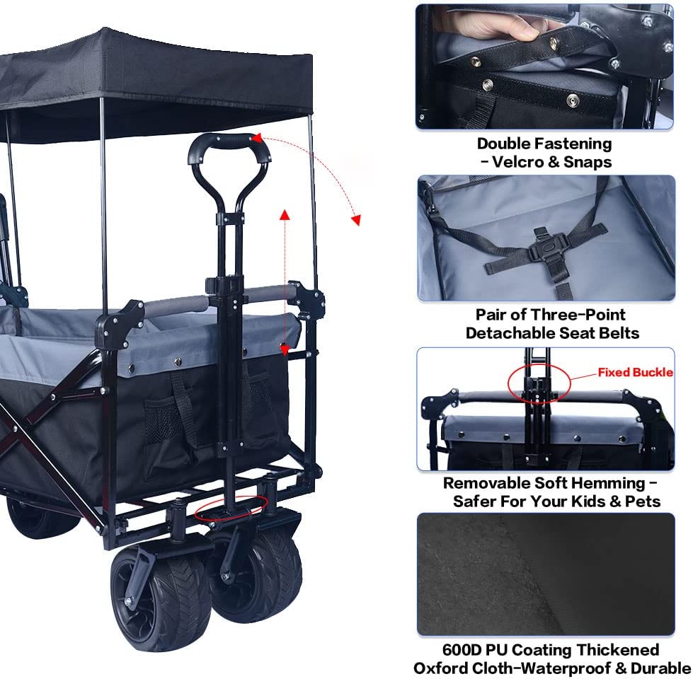 Collapsible Wagon 140L Wagons Carts Foldable With Removable Canopy, Folding Wagon Cart With Wheels For All-Terrain With Brake, Foldable Wagon With Cooler Bag, For Camping Beach Shopping