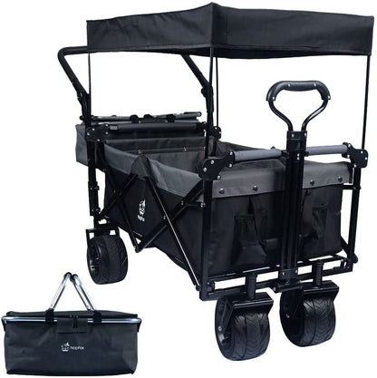 Collapsible Wagon 140L Wagons Carts Foldable With Removable Canopy, Folding Wagon Cart With Wheels For All-Terrain With Brake, Foldable Wagon With Cooler Bag, For Camping Beach Shopping