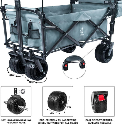 Collapsible Wagon 140L Wagons Carts Foldable With Removable Canopy, Folding Wagon Cart With Wheels For All-Terrain With Brake, Foldable Wagon With Cooler Bag, For Camping Beach Shopping