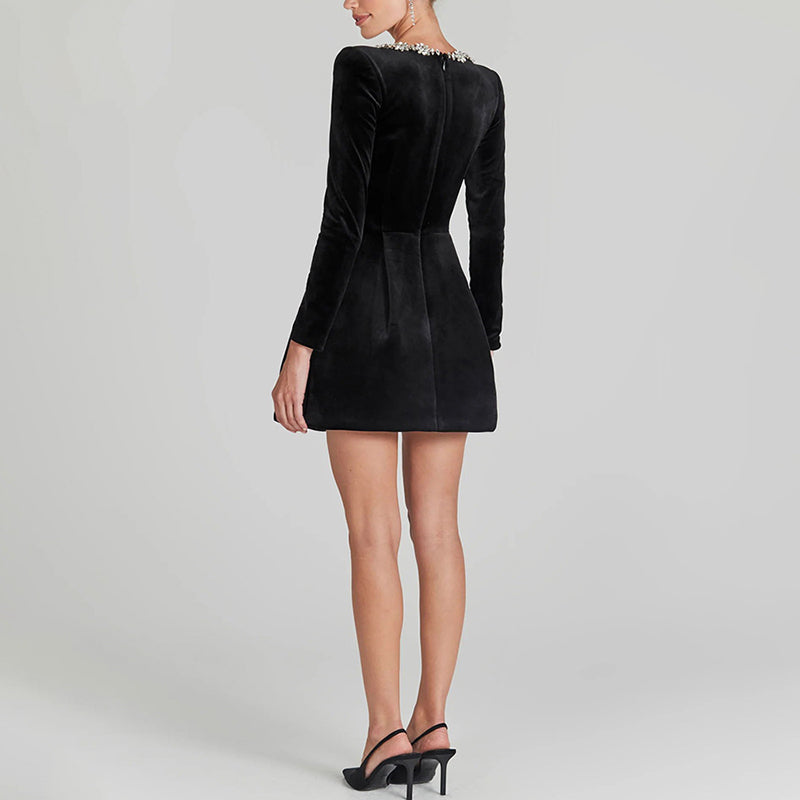 Women's Rhinestone Square Neck Velvet Dress, Long Sleeve Bodycon A-Line Mini Dress