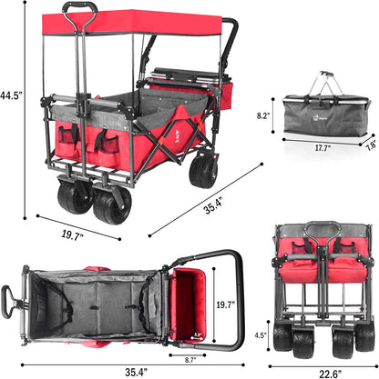 Collapsible Wagon 140L Wagons Carts Foldable With Removable Canopy, Folding Wagon Cart With Wheels For All-Terrain With Brake, Foldable Wagon With Cooler Bag, For Camping Beach Shopping