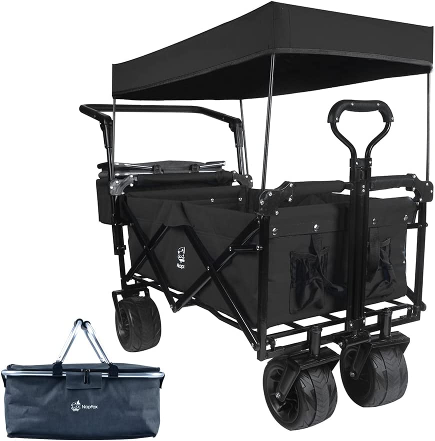 Collapsible Wagon 140L Wagons Carts Foldable With Removable Canopy, Folding Wagon Cart With Wheels For All-Terrain With Brake, Foldable Wagon With Cooler Bag, For Camping Beach Shopping