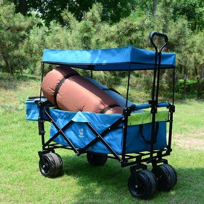 Collapsible Wagon 140L Wagons Carts Foldable With Removable Canopy, Folding Wagon Cart With Wheels For All-Terrain With Brake, Foldable Wagon With Cooler Bag, For Camping Beach Shopping