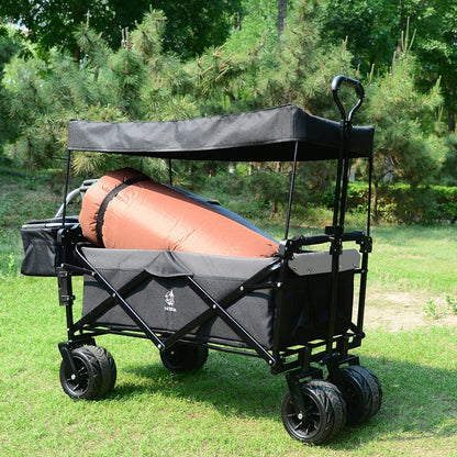 Collapsible Wagon 140L Wagons Carts Foldable With Removable Canopy, Folding Wagon Cart With Wheels For All-Terrain With Brake, Foldable Wagon With Cooler Bag, For Camping Beach Shopping