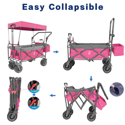 Collapsible Wagon 140L Wagons Carts Foldable With Removable Canopy, Folding Wagon Cart With Wheels For All-Terrain With Brake, Foldable Wagon With Cooler Bag, For Camping Beach Shoppin