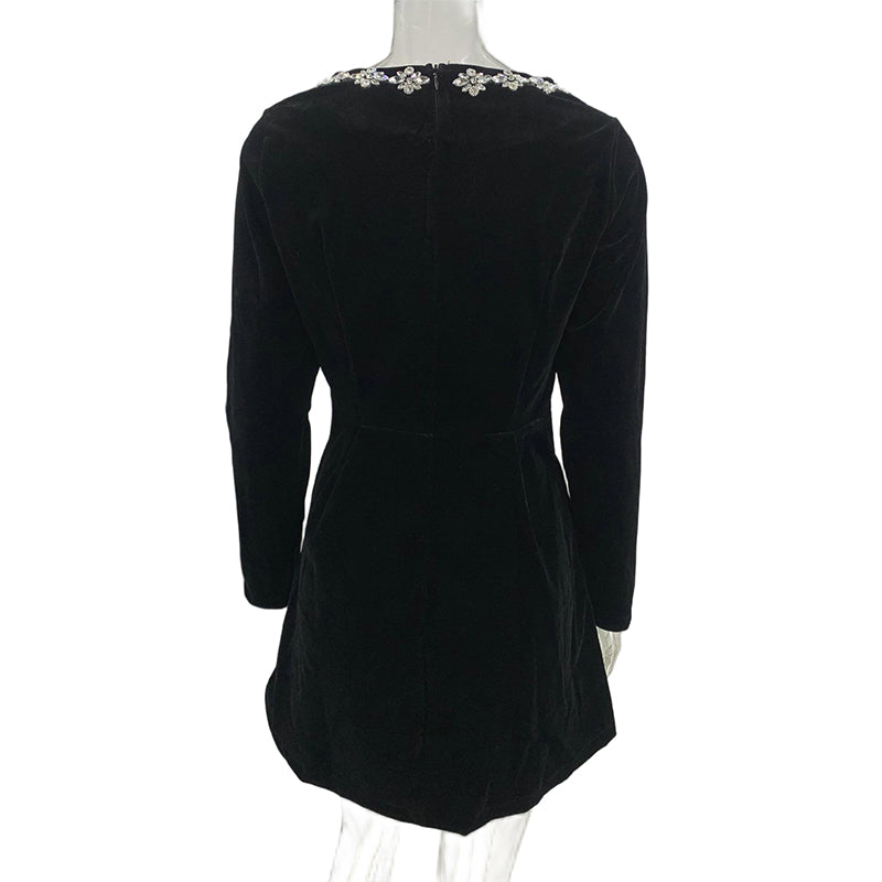 Women's Rhinestone Square Neck Velvet Dress, Long Sleeve Bodycon A-Line Mini Dress