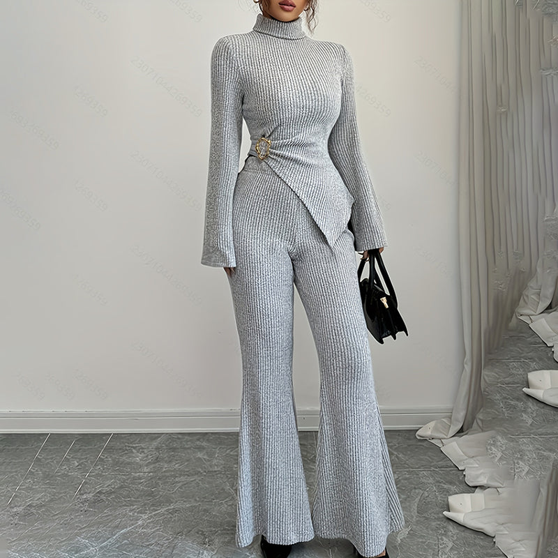 Womens 2 Piece Outfits Turtleneck Matching Lounge Set Flare Sleeve Asymmetrical Top & Wide Leg Pants