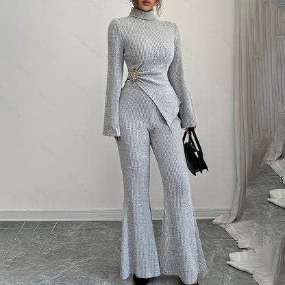 Womens 2 Piece Outfits Turtleneck Matching Lounge Set Flare Sleeve Asymmetrical Top & Wide Leg Pants