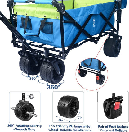 Collapsible Wagon 140L Wagons Carts Foldable With Removable Canopy, Folding Wagon Cart With Wheels For All-Terrain With Brake, Foldable Wagon With Cooler Bag, For Camping Beach Shopping