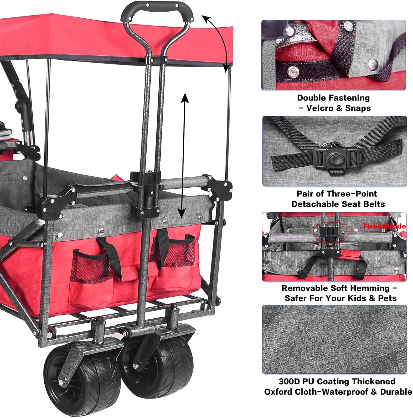 Collapsible Wagon 140L Wagons Carts Foldable With Removable Canopy, Folding Wagon Cart With Wheels For All-Terrain With Brake, Foldable Wagon With Cooler Bag, For Camping Beach Shopping