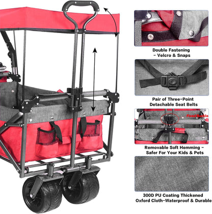 Collapsible Wagon 140L Wagons Carts Foldable With Removable Canopy, Folding Wagon Cart With Wheels For All-Terrain With Brake, Foldable Wagon With Cooler Bag, For Camping Beach Shopping