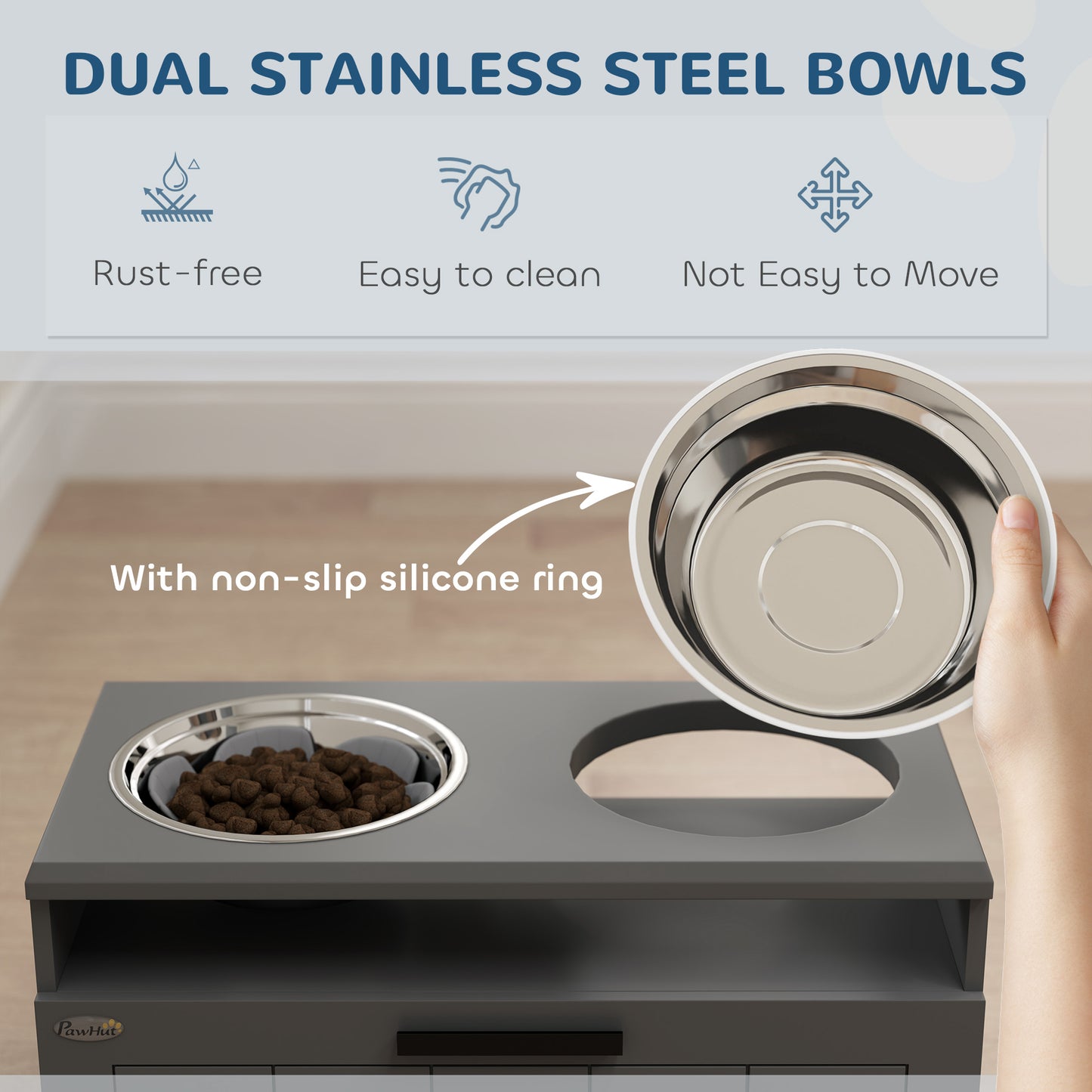 Elevated Dog Bowl, Large Feeding Dog Bowl Stand With 2 Stainless Steel Bowls, Storage Drawer, And Slow Feeder Mat.