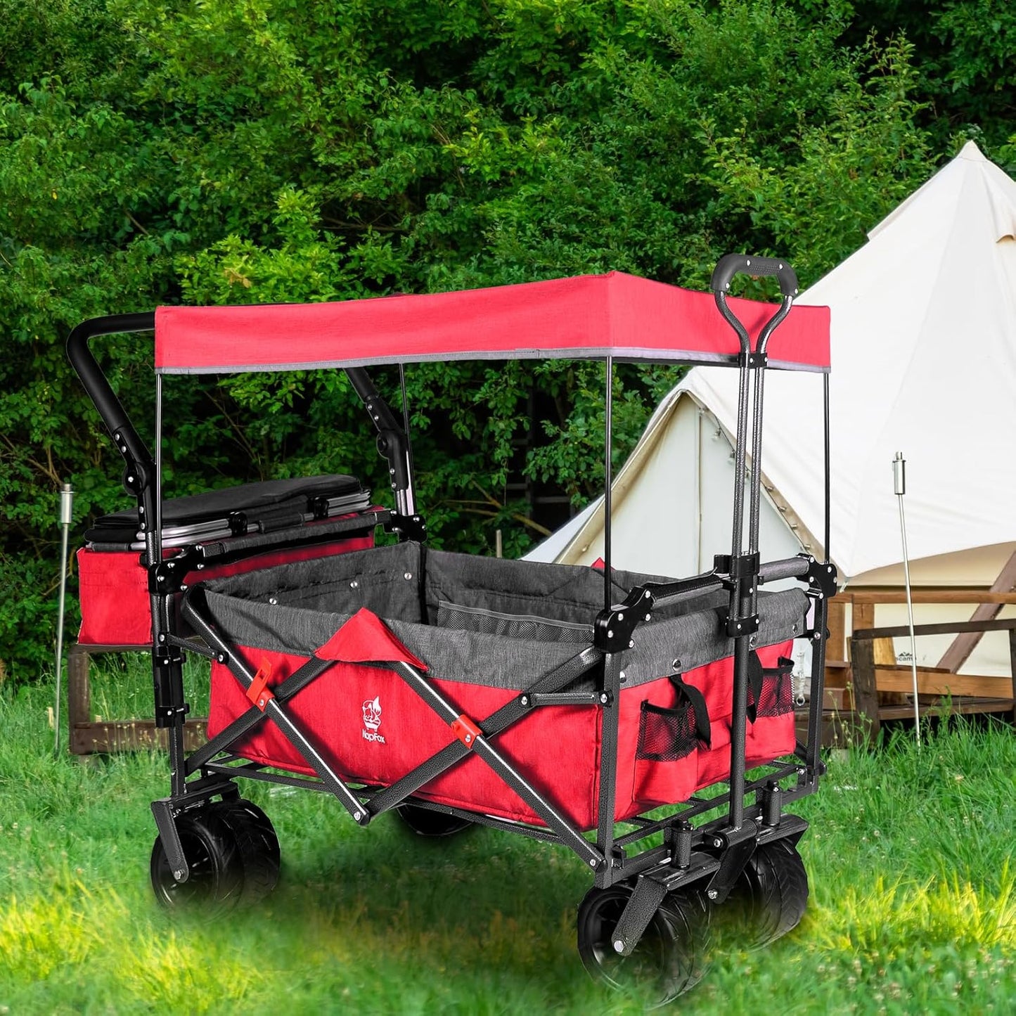 Collapsible Wagon 140L Wagons Carts Foldable With Removable Canopy, Folding Wagon Cart With Wheels For All-Terrain With Brake, Foldable Wagon With Cooler Bag, For Camping Beach Shopping