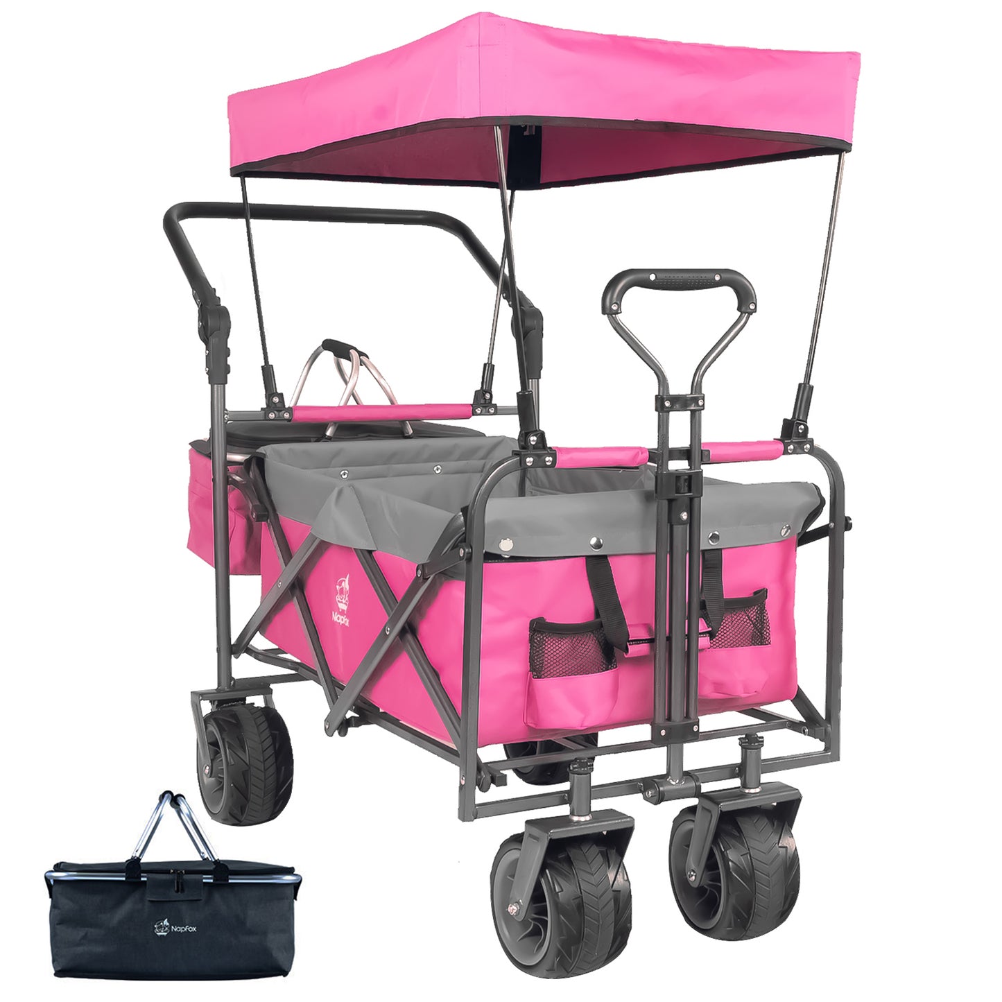 Collapsible Wagon 140L Wagons Carts Foldable With Removable Canopy, Folding Wagon Cart With Wheels For All-Terrain With Brake, Foldable Wagon With Cooler Bag, For Camping Beach Shoppin
