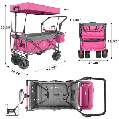 Collapsible Wagon 140L Wagons Carts Foldable With Removable Canopy, Folding Wagon Cart With Wheels For All-Terrain With Brake, Foldable Wagon With Cooler Bag, For Camping Beach Shoppin