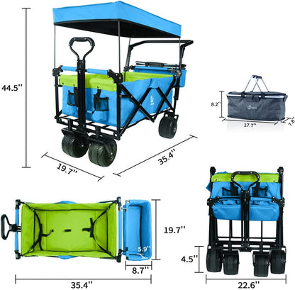 Collapsible Wagon 140L Wagons Carts Foldable With Removable Canopy, Folding Wagon Cart With Wheels For All-Terrain With Brake, Foldable Wagon With Cooler Bag, For Camping Beach Shopping
