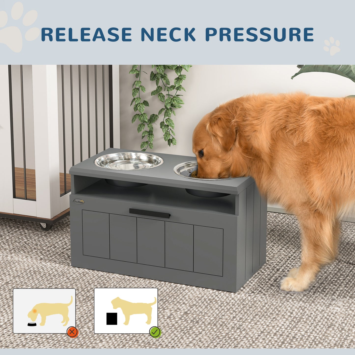 Elevated Dog Bowl, Large Feeding Dog Bowl Stand With 2 Stainless Steel Bowls, Storage Drawer, And Slow Feeder Mat.