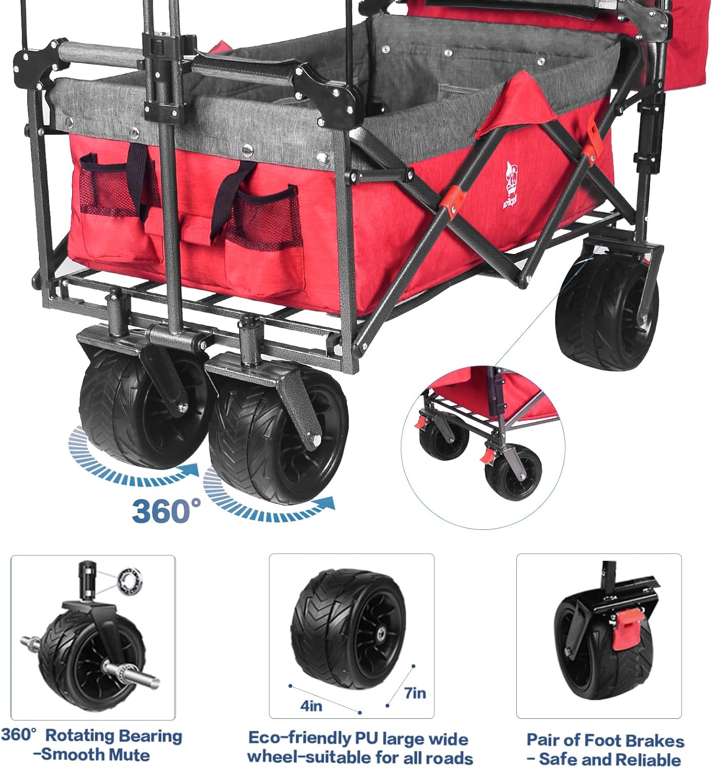Collapsible Wagon 140L Wagons Carts Foldable With Removable Canopy, Folding Wagon Cart With Wheels For All-Terrain With Brake, Foldable Wagon With Cooler Bag, For Camping Beach Shopping