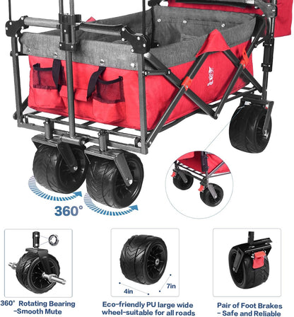 Collapsible Wagon 140L Wagons Carts Foldable With Removable Canopy, Folding Wagon Cart With Wheels For All-Terrain With Brake, Foldable Wagon With Cooler Bag, For Camping Beach Shopping