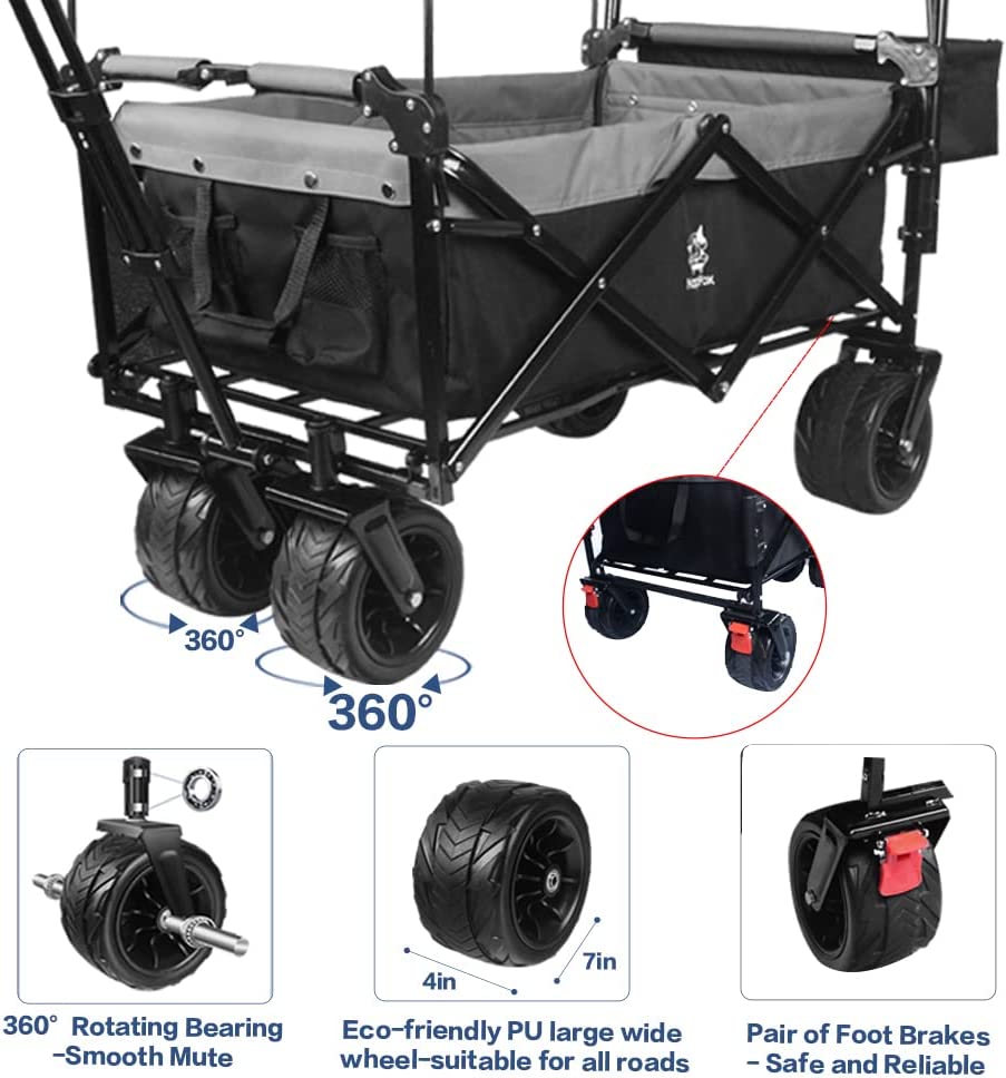 Collapsible Wagon 140L Wagons Carts Foldable With Removable Canopy, Folding Wagon Cart With Wheels For All-Terrain With Brake, Foldable Wagon With Cooler Bag, For Camping Beach Shopping