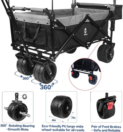 Collapsible Wagon 140L Wagons Carts Foldable With Removable Canopy, Folding Wagon Cart With Wheels For All-Terrain With Brake, Foldable Wagon With Cooler Bag, For Camping Beach Shopping