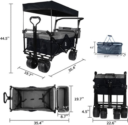 Collapsible Wagon 140L Wagons Carts Foldable With Removable Canopy, Folding Wagon Cart With Wheels For All-Terrain With Brake, Foldable Wagon With Cooler Bag, For Camping Beach Shopping