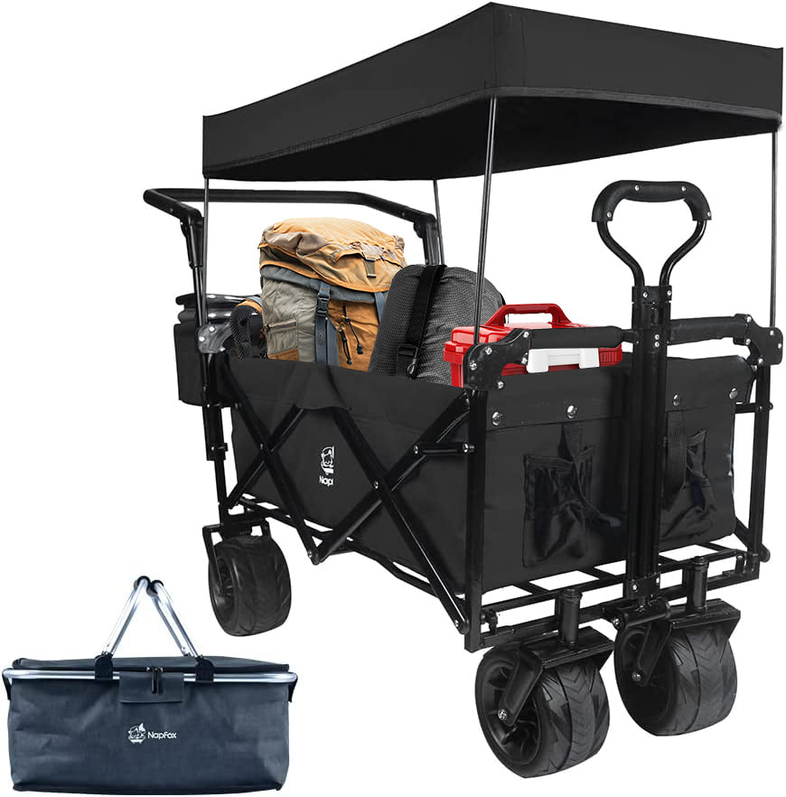 Collapsible Wagon 140L Wagons Carts Foldable With Removable Canopy, Folding Wagon Cart With Wheels For All-Terrain With Brake, Foldable Wagon With Cooler Bag, For Camping Beach Shopping